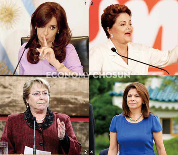 - 라틴아메리카 지역은 네 명의 여성이 동시에 대통령직을 수행하고 있다.(1 크리스티나 페르난데스 아르헨티나 대통령, 2 미첼 바첼레트 칠레 대통령, 3 지우마 호세프 브라질 대통령, 4 라우라 친칠라 코스타리카 대통령)