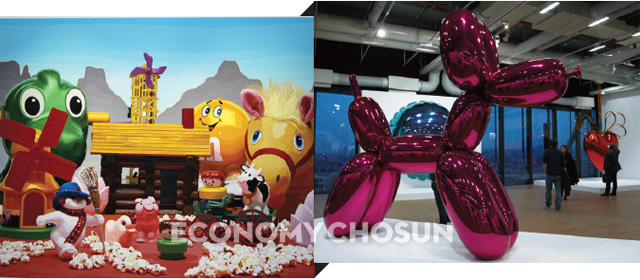 - 2014년 회고전 당시 파리 퐁피두센터 국립미술관에 전시됐던 제프 쿤스의 작품들. 65만명이 넘는 관람객이 방문해 생존작가 가운데는 가장 많은 방문자 수라는 기록을 세웠다. 왼쪽부터 ‘Shelter’(오두막), ‘Balloon Dog’(풍선개).