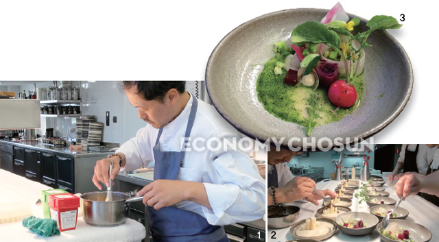 1. 고추장과 쌈장을 이용한 소스를 만들고 있는 상훈 드장브르 셰프. 2. 메인 요리가 놓여 있는 주방의 최종 작업 모습. 3. 2013년 여름에 개발한 요리. 한국의 김치를 모티브로 만들었다.