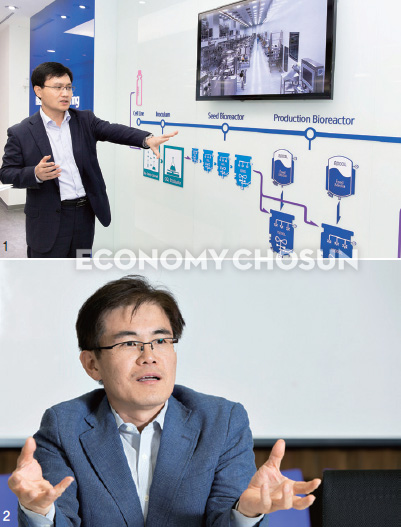 1. 윤호열 상무가 제2공장에서 바이오시밀러 생산 과정을 설명하고 있다. 2. 양철보 상무는 “경쟁사보다 늦게 바이오시밀러 개발에 뛰어들었지만 상용화 단계에서는 오히려 앞서가는 저력을 발휘하고 있다”고 말했다. (사진 : 오장환)