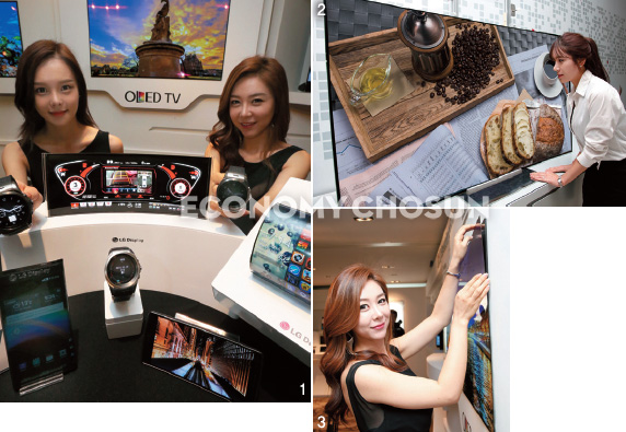 1. 다양한 OLED 제품. 2. LG디스플레이의 65인치 커브드 초고화질(UHD) OLED 패널이 적용된 TV. 3. 벽지처럼 얇고 가벼워 벽에 바로 부착해서 사용할 수 있는 월페이퍼 TV.