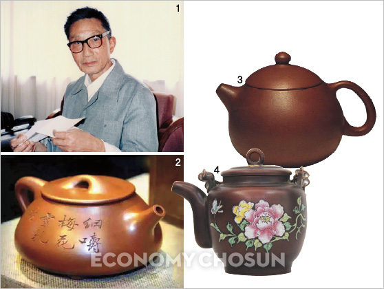 1. 자사공예 대가로 추앙받는 구징저우. 2. 중국 베이징의 자사호 경매에서 2450만 위안(약 44억5000만원)에 낙찰된 구징저우의 ‘석표호’. 3, 4. 구징저우 작품들