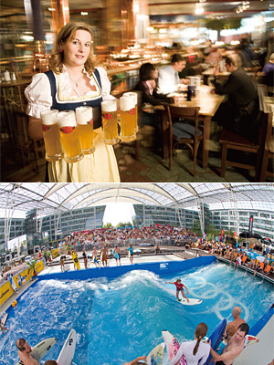 뮌헨공항 에어브로이에서는 양조장에서 갓 만든 독일 맥주를 맛볼 수 있다(사진 위).아래는 뮌헨공항이 진행한 서핑 이벤트 사진