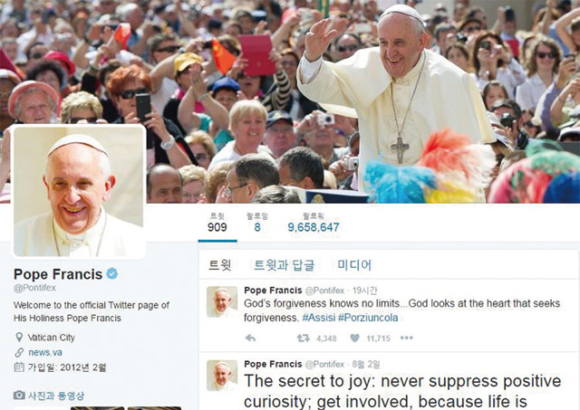 7월 20일 프란치스코 교황의 9개 트위터 계정의 총 팔로어수가 3000만명을 돌파했다. 스페인어 계정 팔로어가 전체의 39.8%로 가장 많고 영어(31.9%), 이탈리아어(12.5%), 포르투갈어(7.3%)순이다. <사진 : 트위터>