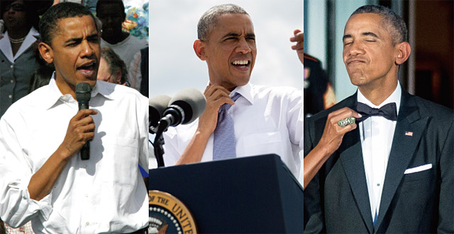 최근 미국 남성지 는 오바마를 존 F. 케네디 이후 가장 스타일리시한 대통령으로 꼽았다. 셔츠 소매를 걷어 올린 ‘노재킷 룩’과 자유분방해 보이는 ‘노타이 룩’은 오바마의 대표 스타일이다. <사진 : 블룸버그>