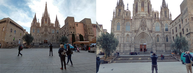 광각 카메라(좌)와 일반각 카메라로 찍은 비교 사진. 광각 카메라가 더 넓게 찍을 수 있다.