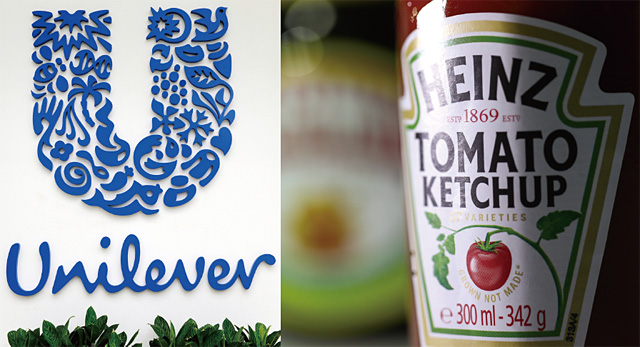 영국계 다국적 생활용품 기업인 유니레버 로고(왼쪽)와 미국 식품 업체인 크래프트하인즈가 생산하는 토마토케첩. <사진 : 블룸버그>