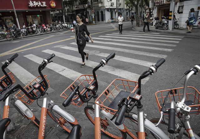 중국에서는 차량 공유 서비스에 이어 자전거 공유 서비스가 큰 인기를 끌고 있다. 중국 대표 자전거 공유 기업인 모바이크의 자전거들이 상하이 길가에 서있다. <사진 : 블룸버그>