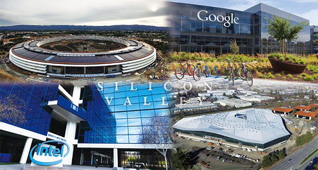 실리콘밸리에 있는 글로벌 IT기업의 본사 사옥. 왼쪽 위부터 시계방향으로 애플, 구글, 엔비디아, 인텔.