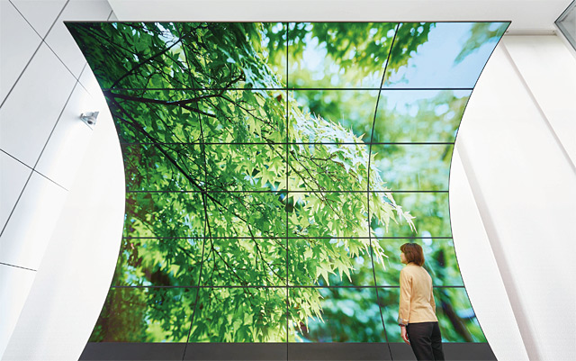 일본 도쿄 DNP 고탄다(五反田) 빌딩에 설치된 OLED로 제작한 곡면 디스플레이. LG전자가 생산했다. <사진 : DNP>
