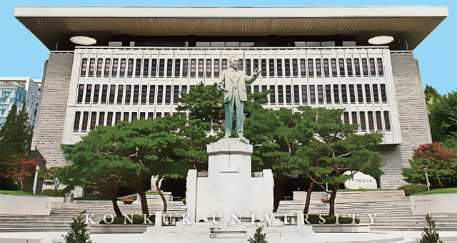 건국대 상허기념도서관과 설립자 고(故) 유석창 박사 동상. <사진 : 건국대>