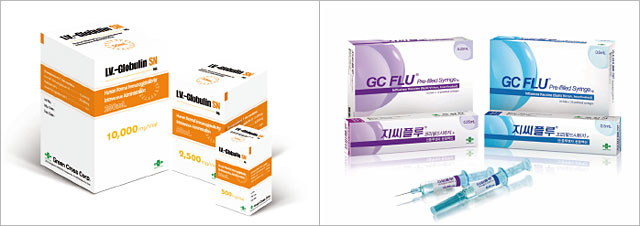 녹십자의 면역결핍치료제 ‘아이비글로불린-에스엔’(왼쪽)과 독감 백신 ‘지씨플루’. <사진 : 녹십자>