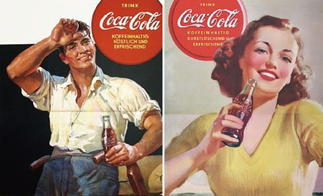 1930년대 독일 코카콜라 광고 포스터. 독일에서 코카콜라는 미국과 전쟁을 벌인 후에도 유통되고, 그것으로 부족하자 환타를 만들었을 정도로 인기가 많았다. <사진 : www.historyanswers.co.uk>