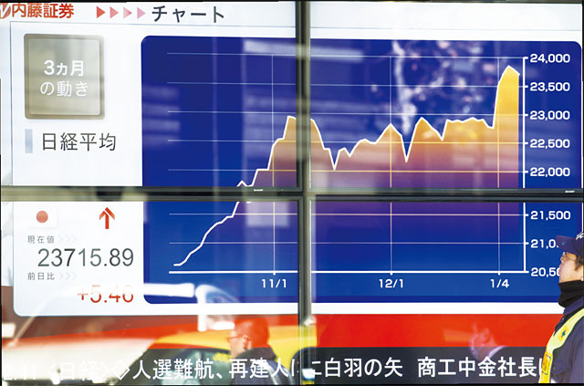 일본 도쿄에서 한 안전요원이 건물 외벽에 설치된 TV에서 닛케이평균주가 차트를 보고 있다. <사진 : 블룸버그>