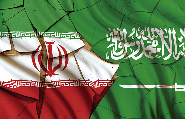 조각난 사우디아라비아(오른쪽)와 이란(왼쪽) 국기. 각각 수니파, 시아파 종주국인 양국은 중동 곳곳에서 전쟁을 벌이고 있다.