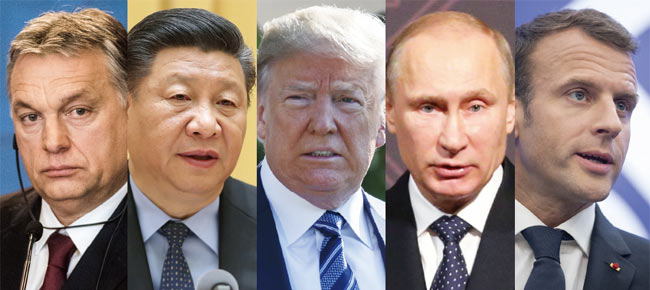 왼쪽부터 빅토르 오르반 헝가리 총리, 시진핑 중국 국가주석, 도널드 트럼프 미국 대통령, 블라디미르 푸틴 러시아 대통령, 에마뉘엘 마크롱 프랑스 대통령. 사진 블룸버그