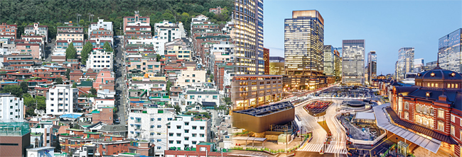 올해 도시재생사업지로 선정된 서울 금천구 난곡동(왼쪽)은 단순히 마을 정비에 그칠 예정이다. 반면 일본 도쿄 마루노우치 지구(오른쪽)는 대규모 도시재생사업을 통해 국제업무지구로 재탄생했다. 사진 연합뉴스