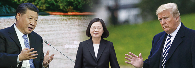 왼쪽부터 중국의 시진핑 국가주석, 대만의 차이잉원 총통, 미국의 도널드 트럼프 대통령. 사진 블룸버그