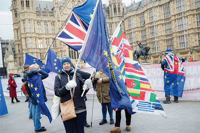 1월 31일 영국 런던에 있는 국회의사당 앞에서 브렉시트 반대 시위를 벌이고 있는 영국인들 모습.