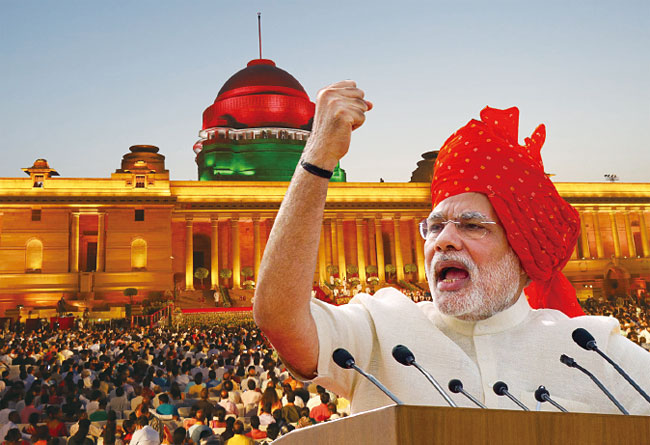 나렌드라 모디 인도 총리가 5월 30일 집권 2기를 시작했다. 뉴델리 대통령궁 앞에서 열린 총리 취임식에 몰린 인파. 빨간 터번을 두른 모디 사진은 2014년 8월 독립기념일 연설 모습. 사진 블룸버그, AP연합