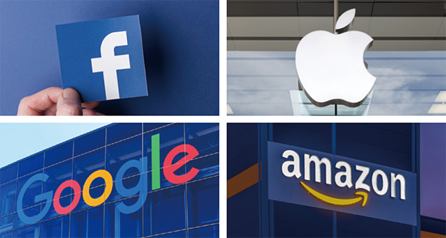 미국의 IT 기업인 페이스북(왼쪽 상단부터 시계방향) 애플, 아마존, 구글의 로고. 사진 AFP연합뉴스