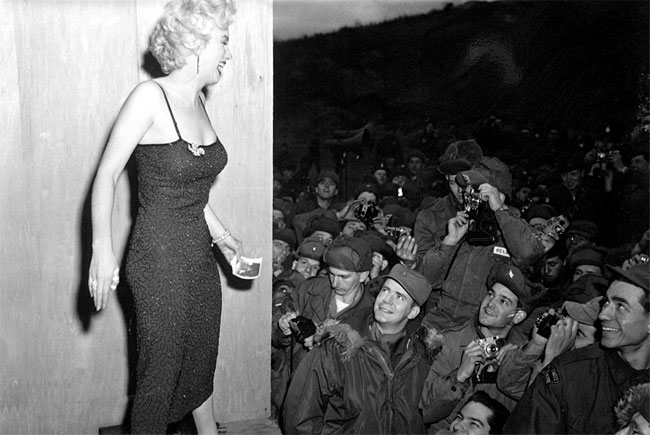 1954년 한국전쟁 휴전 직후 방한해 미군을 위해 위문공연한 마릴린 먼로의 모습. 사진 위키피디아