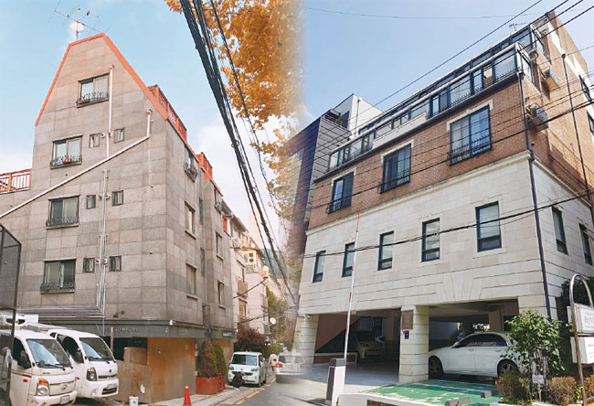 서울 강남구의 사선형 건물들. 이런 사선형 건물은 보통 일반 건물보다 싼값에 살 수 있는데 리모델링으로 가치를 올릴 수 있다. 사진 독자 제공