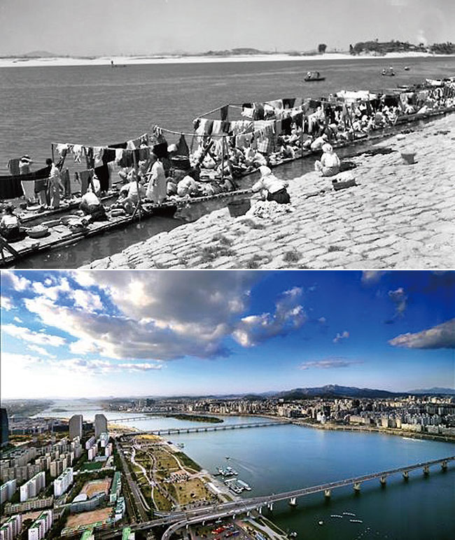 1960년대 한강(위)과 오늘날 한강의 모습. 사진 연합뉴스