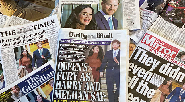 해리 왕손 부부가 왕실로부터 독립한다는 기사가 1월 9일 발행된 영국 신문에 대서특필됐다. 사진 AFP연합
