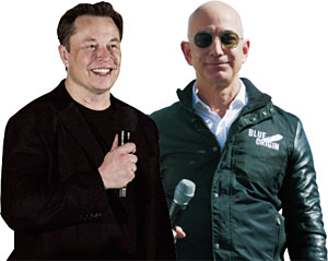왼쪽 일론 머스크, 테슬라·스페이스X CEO. 오른쪽 제프 베이조스, 아마존 CEO 겸 블루오리진 창립자.