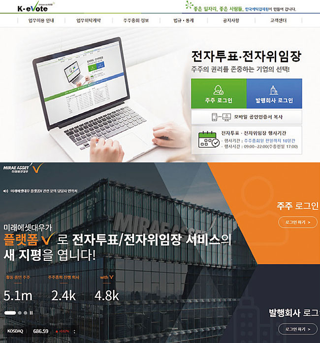 한국예탁결제원과 미래에셋대우의 전자투표 시스템 화면. 사진 각 사 홈페이지