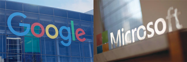 구글(왼쪽)과 마이크로소프트는 수학을 중시하는 글로벌 기업이다. 사진 AFP연합·AP연합