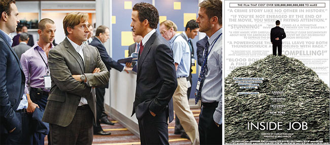 왼쪽부터 영화 ‘빅 쇼트’에서 위기를 예지한 금융인을 연기한 배우 스티브 카렐(왼쪽 팔짱 낀 이)과 라이언 고슬링(마주 보는 이), ‘인사이드 잡’ 포스터. 사진 IMDB