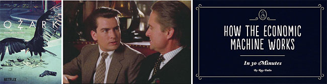 왼쪽부터 넷플릭스 미드 ‘오자크’의 포스터, ‘월스트리트’에서 두 주인공을 연기한 찰리 신(왼쪽)과 마이클 더글러스, 헤지펀드 대부인 레이 달리오의 동영상 ‘경제는 어떻게 움직이는가’. 사진 IMDB
