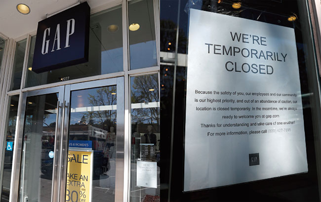 4월 1일 미국 캘리포니아주 오클랜드에 있는 갭 매장 문이 닫혀있다. 출입구에는 고객과 직원, 지역 사회의 안전을 위해 일시적으로 휴업한다는 내용의 안내문이 붙어있다. 사진 EPA연합