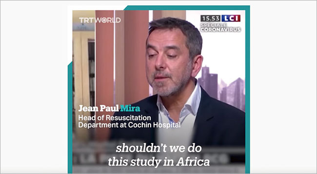 한 프랑스 의사가 TV에서 아프리카에서 백신 실험을 하자고 주장하며 논란이 불거졌다. 사진 유튜브