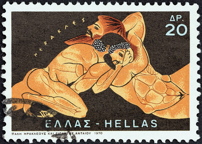 거인 안타이오스와 헤라클레스의 대결을 소재로 한 그리스 우표.
