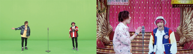 일본 인기 예능 프로그램 ‘네타바레’에 출연한 개그맨 듀오 엑시트(EXIT). 서로 거리를 둔 채 촬영한 화면(왼쪽)을 컴퓨터그래픽으로 편집해 방송에서는 밀착하고 있는 듯한 모습을 연출했다. 사진 후지TV
