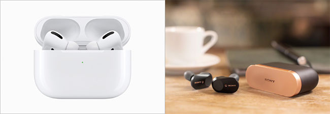 애플과 소니에서 출시한 액티브 노이즈 캔슬링 완전 무선 이어폰 ‘에어팟 프로(왼쪽)’와 ‘WF-1000MX3’. 사진 애플·소니