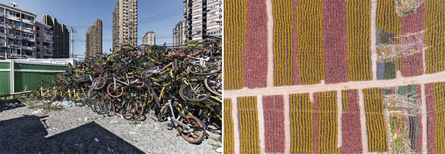 중국 상하이에 수천 대의 공유 자전거가 공급과잉으로 쌓여있다. 공유경제가 환경보호에 도움이 된다는 것의 반례다. 오른쪽은 쌓여있는 공유 자전거를 드론을 통해 하늘에서 촬영한 모습.