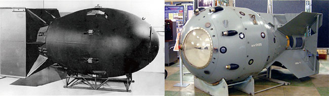 왼쪽부터 미국이 제2차 세계대전 말기 맨해튼 계획의 일부로 개발한 원자 폭탄 ‘뚱보(Fat Man)’와 소련 최초의 핵폭탄인 ‘RDS-1’. RDS-1은 뚱보의 복제품이라고 할 정도로 유사하다. 미국에서 탈취한 많은 기술이 제작에 사용됐기 때문이다. 사진 위키피디아
