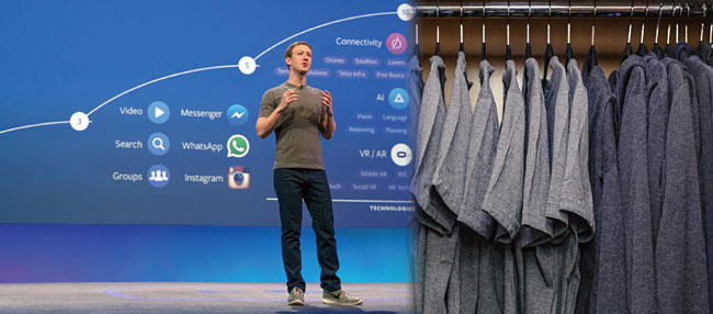 왼쪽부터 회색 티셔츠와 청바지를 즐겨 입는 마크 저커버그 페이스북 CEO와 똑같은 회색 티셔츠와 후디로 가득 찬 저커버그의 옷장. 사진 저커버그 페이스북