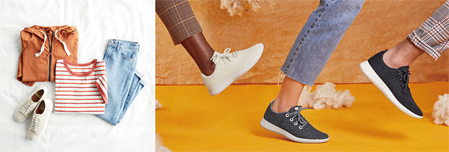 왼쪽부터 ‘귀차니스트’를 위해 인공지능(AI)이 옷을 골라주는 스티치픽스, 단순한 디자인의 양모 신발로 실리콘밸리를 사로잡은 올버즈. 사진 스티치픽스·올버즈