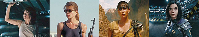 영화에 표현된 대표적인 여성 히어로들. 왼쪽부터 ‘리플리(에이리언)’‘사라 코너(터미네이터 2)’ ‘퓨리오사(매드맥스: 분노의 도로)’‘알리타(알리타: 배틀 엔젤)’. 사진 IMDB