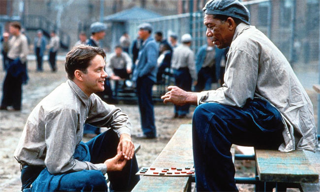 앤디(왼쪽·팀 로빈스)와 레드(모건 프리먼)는 인간 이하의 취급이 횡행하는 쇼생크 교도소에서 깊은 우정을 나눈다. 사진 IMDB