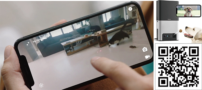 왼쪽부터 펫큐브의 ‘펫큐브 플레이 2’로 반려묘와 놀아주는 장면. 집에 있는 반려동물의 상태를 실시간으로 확인하고 사료도 줄 수 있는 ‘펫큐브 바이트 2’ 활용 장면. QR코드는 동영상. 사진 유튜브·펫큐브
