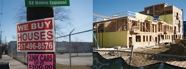 미국 펜실베이니아주 필라델피아의 주택 건설 현장. 인근에 집을 사겠다는 표지판(왼쪽)이 붙어 있다. 사진 블룸버그