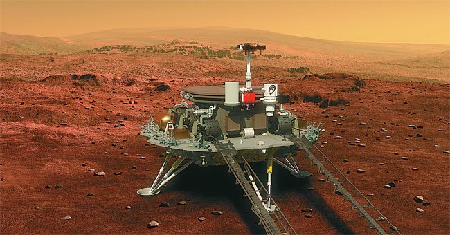 중국 화성 탐사선 톈원 1호의 착륙기와 탐사 차량 ‘주룽’ 일러스트레이션. 사진 중국국가항천국