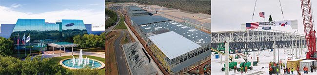 왼쪽부터 삼성전자 미국 오스틴 반도체 공장 전경, SK이노베이션 미국 조지아주 배터리 1, 2 공장 전경, LG에너지솔루션과 제너럴모터스(GM)의 합작사 얼티엄셀즈의 미 오하이오주 합작1공장 건설 현장. 사진 각 사
