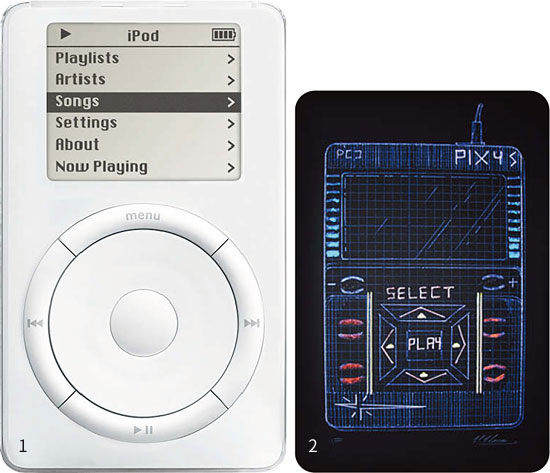 1. 2001년 출시된 아이팟 스크롤 휠(Scroll Wheel) 모델. 사진 애플코리아 2. 케인 크레이머가 1979년 발명한 IXI 디지털 오디오 재생기의 그림. 사진 케인 크레이머 닷컴